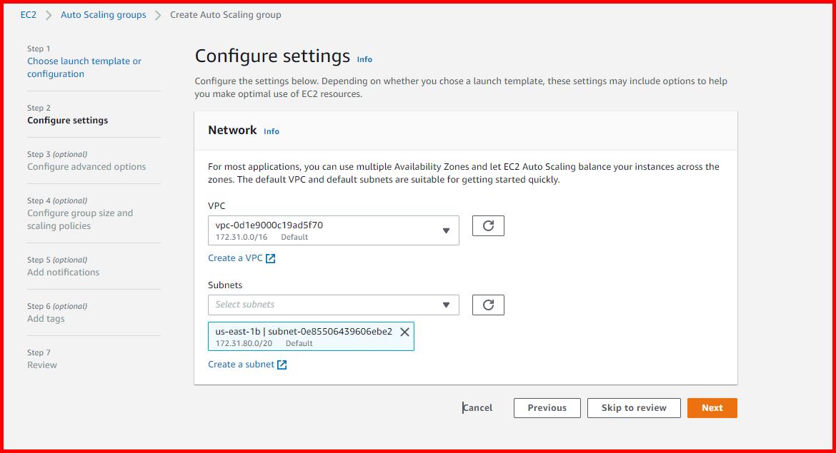 Picture showing the configure settings section of the Create Auto Scaling group screen